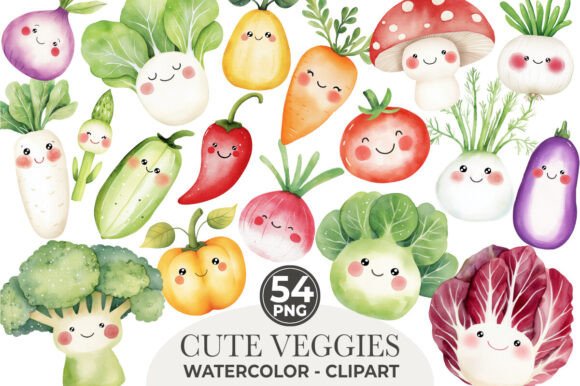 Cute Vegetable Clipart, Kawaii Vegetable: Whimsical Watercolor Charm for Creative Projects